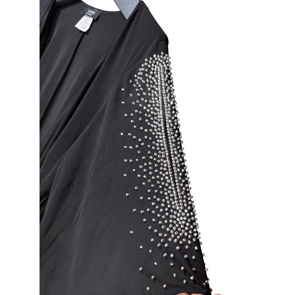 MSK Women 2X Black Cocktail Dress Sheer Embellished Flutter Sleeve Faux Wrap LBD - Picture 7 of 9